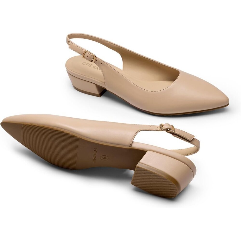 🆕Women Sling back Heel Pointed Closed Toe Low Block Pump Nude Faux Leather Part - Picture 4 of 7